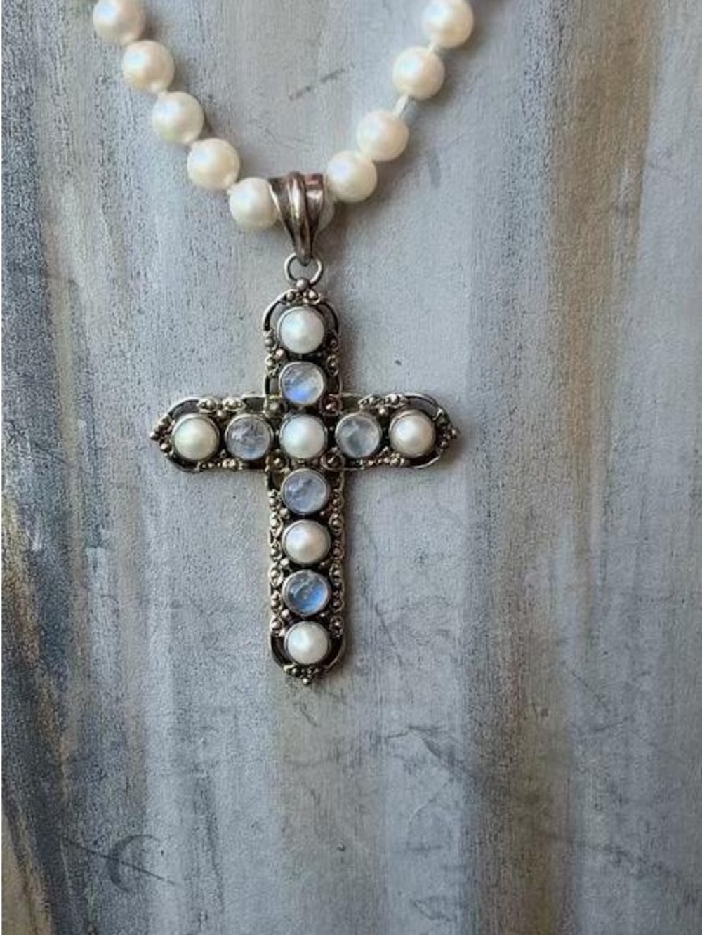 Pearl & Moonstone Cross Necklace - White Pearls